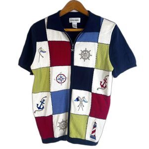 Nautical Embroidered Beaded Zip Up Short Sleeve Sweater Alfred Dunner Size Small